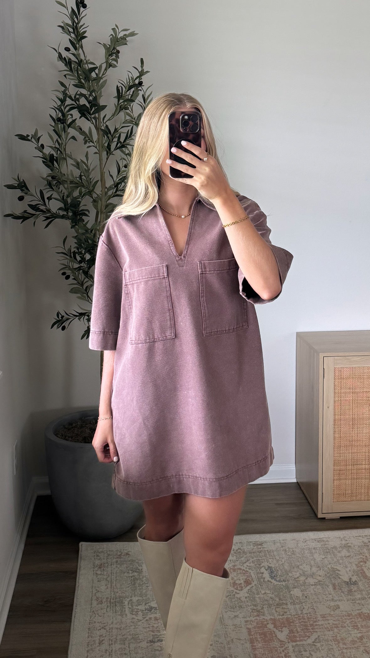 Denim Collared Mini Dress / Washed Brown