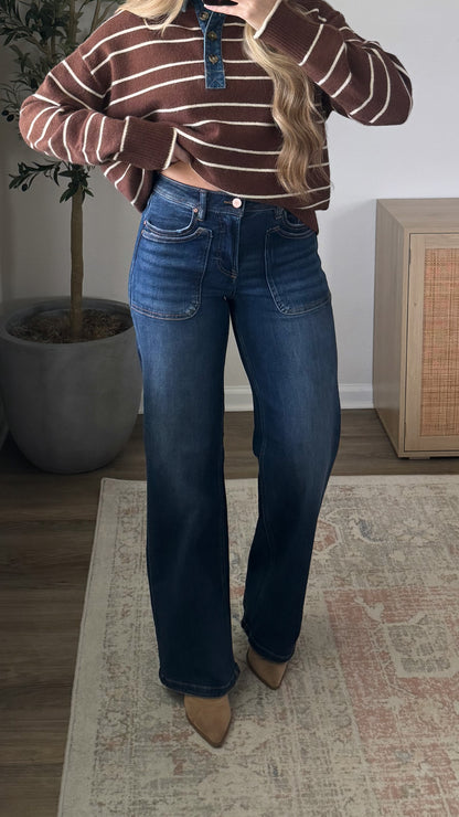 PREORDER (estimated to ship 11/13) - Chloe Patch Pocket Wide Leg Jeans / Dark Wash