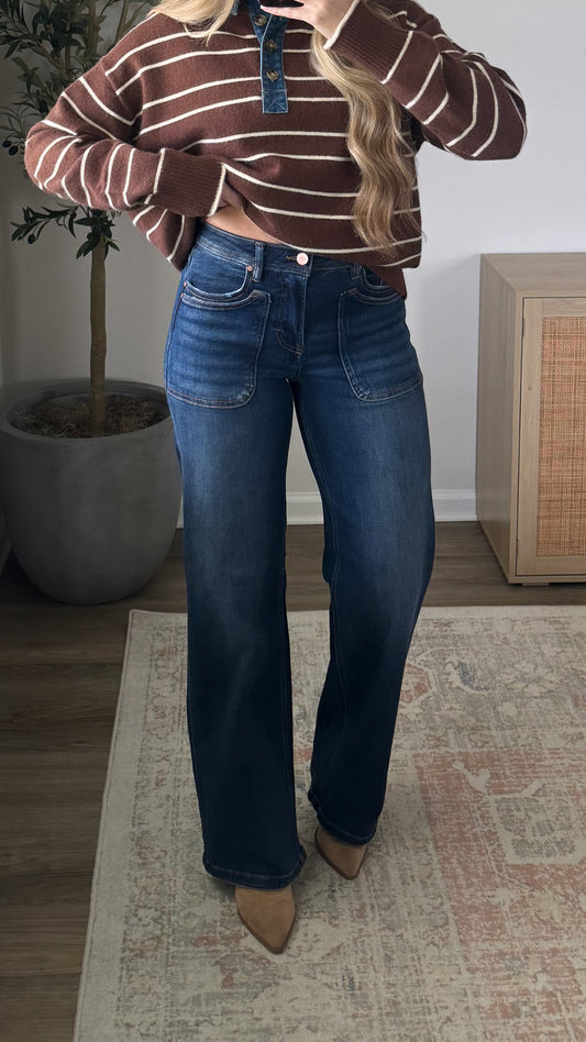 PREORDER (estimated to ship 11/13) - Chloe Patch Pocket Wide Leg Jeans / Dark Wash