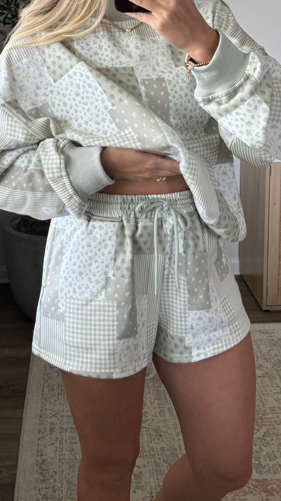 Patchwork Mock Neck Set / Sage Green