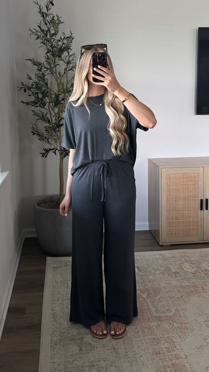 Rayon Ribbed Pants Set / Charcoal