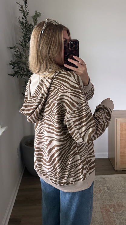 Zebra V-Neck Hoodie / Tan