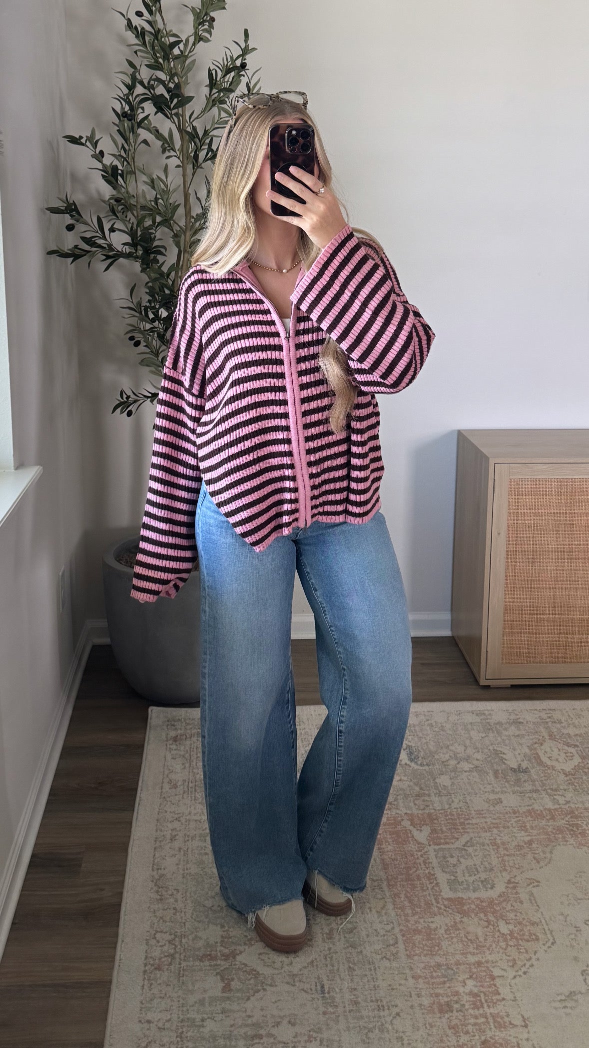 PREORDER (estimated to ship 8/28) - Hannah Striped Zip-Up / Pink + Brown